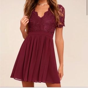 Lulus Angel in Disguise Burgundy Lace Skater Mini Dress